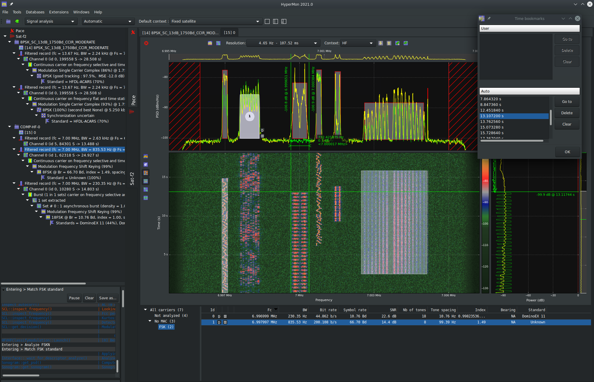 Bookmarks - The special CUSUM detector is able to find any change in multiple carrier broadband signals and generate automatic bookmarks. This is useful when exploring wideband and long recordings. The user can also register his own bookmarks.