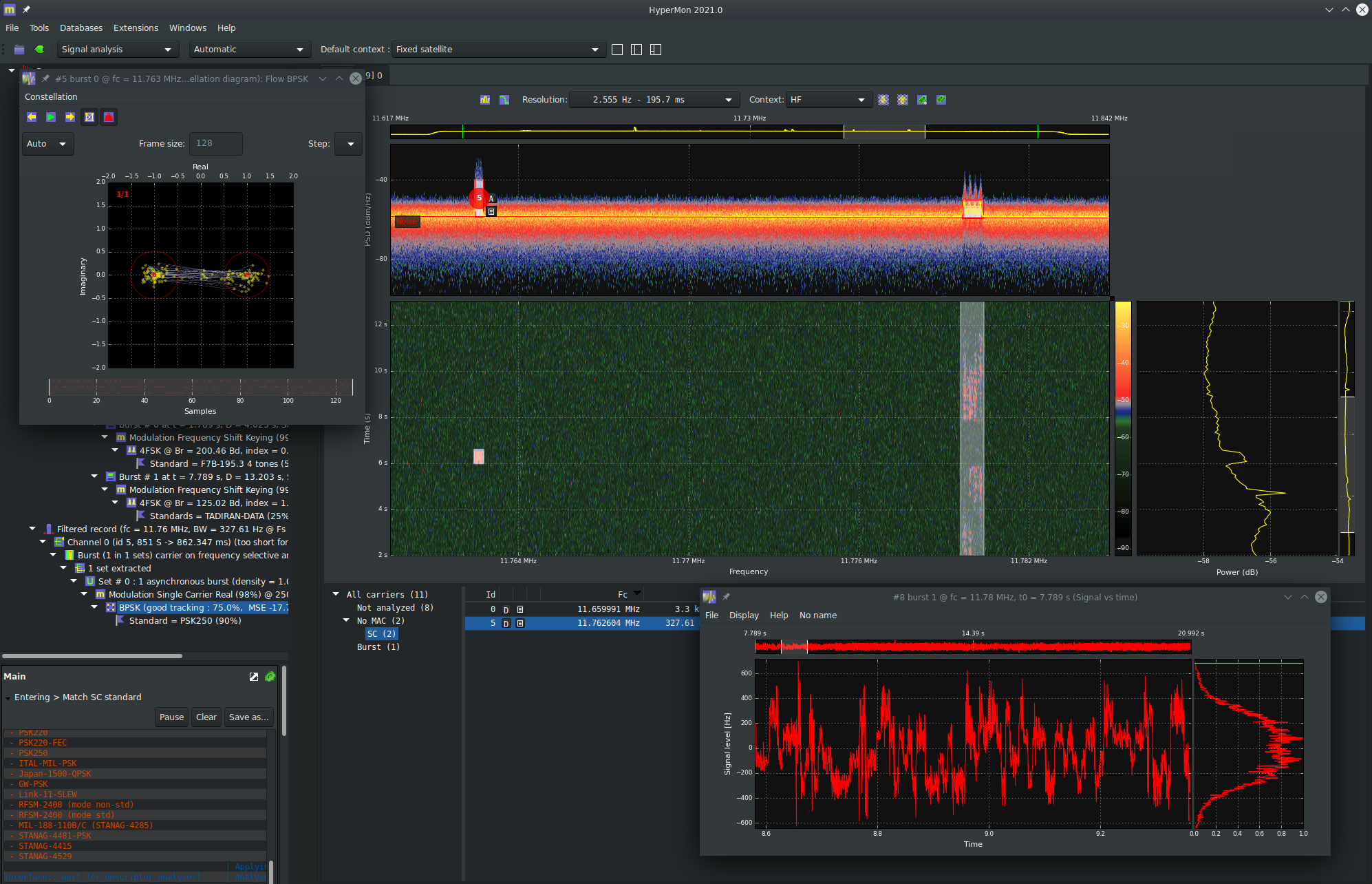 Interception of LPI signals in HF - LPI spectrum display and sonogram illustrates the interception of <em>low probability of intercept</em> signals with a short burst of BPSK and low SNR <em>packet 4FSK</em> in HF band.