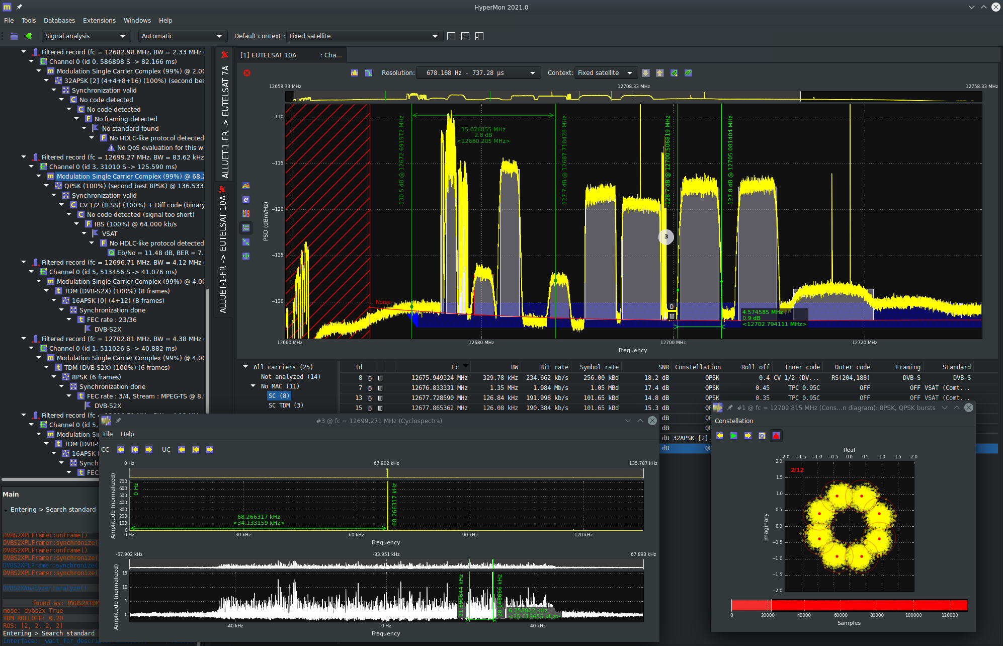 Satellite carrier detection - Illustrates automatic detection, extraction and analysis of carriers (with an 8PSK TDM carrier selected here, its constellation and its cyclo features). Also shows two pairs of cursors for manual measurements, and the frequency range of the underlying Intelsat transponder (blue area at PSD bottom).