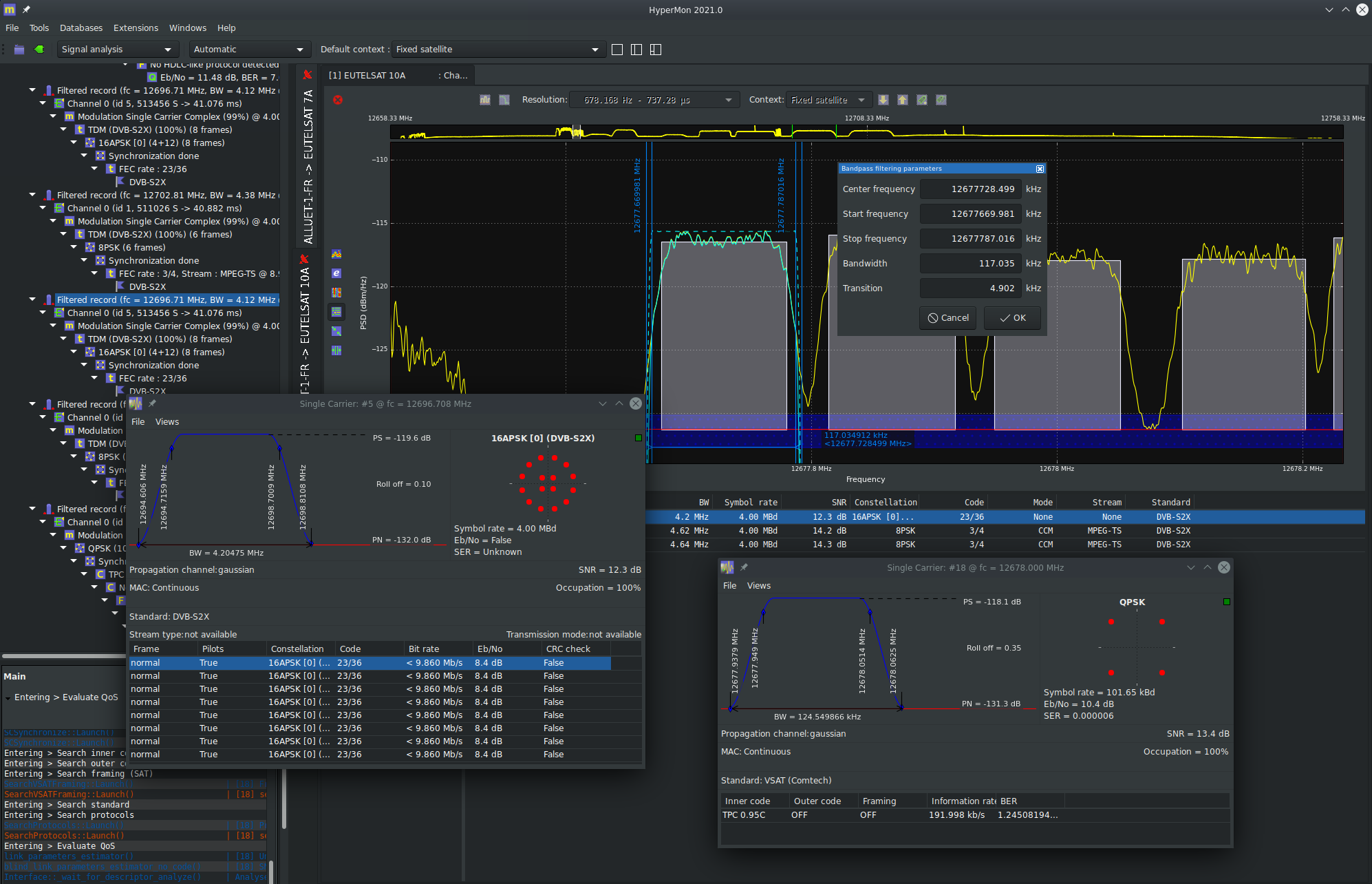 Carrier details - Illustrates detailed information gathered by HyperMon when the analysis is fully completed (shown here for a TDM  and a SCPC carrier). Also illustrates the filter proposed by HyperMon, that the user can modify if needed.