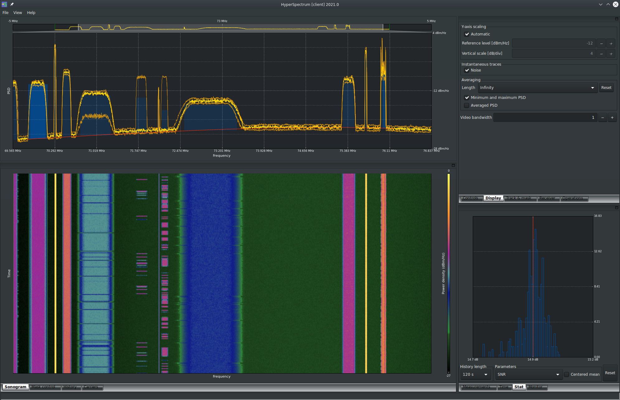 HyperSpectrum basic view - Like any PSA, Hyperspectrum is able to display the spectrum in real-time, but it comes with a carrier detection feature that allows to track the measurements of up to 1000 carriers for hours ! The bottom stats tab displays the distribution of the SNR for the selected carrier over the last 2 minutes.