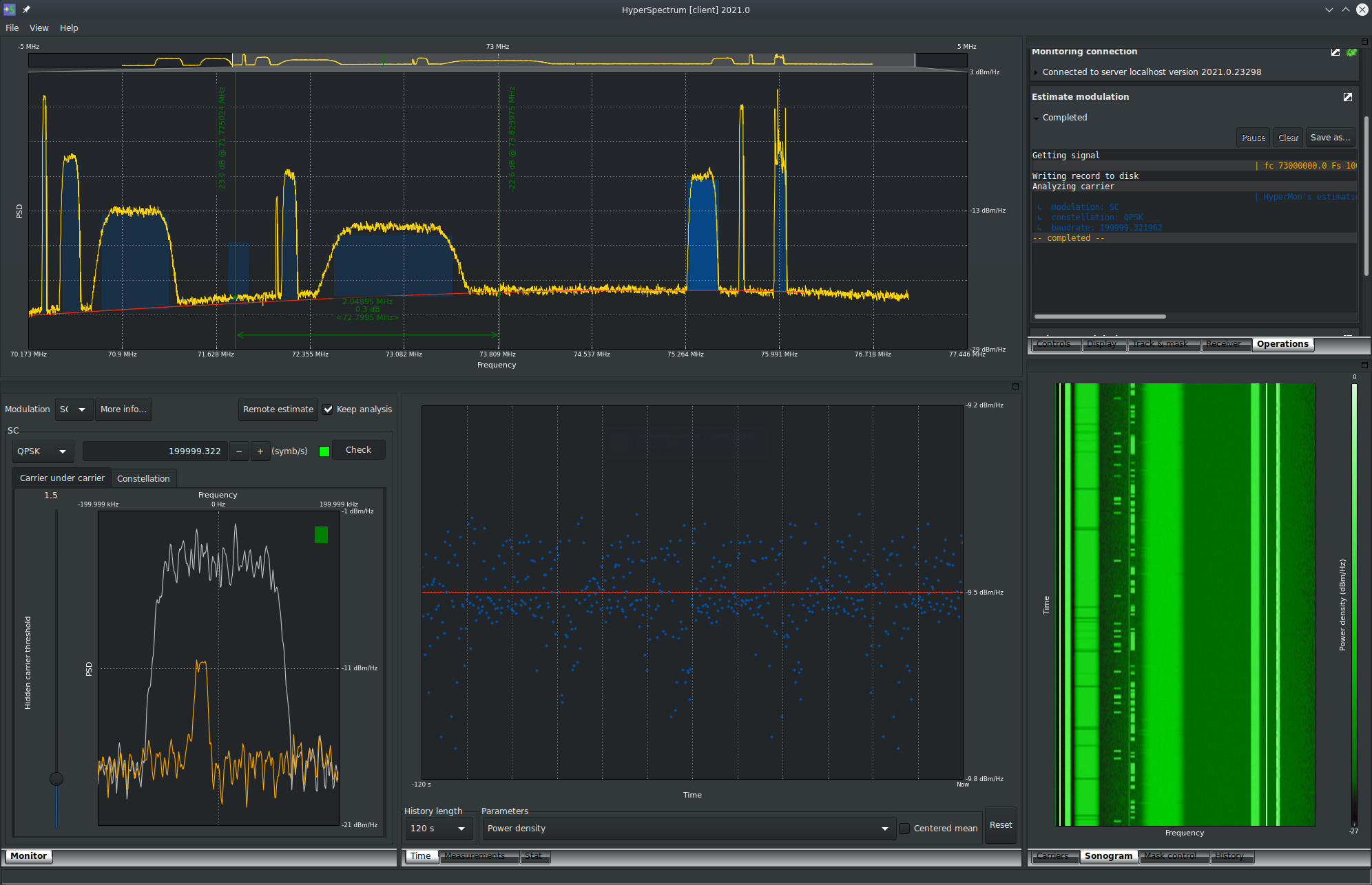 Constellation and CuC focus - HyperSpectrum has the ability to connect to HyperMon to perform the analysis of a selected carrier. Once this is done, constellation display and carrier under carrier analysis is performed in real-time ! In this example, an interferer is sweeping under the selected carrier ...