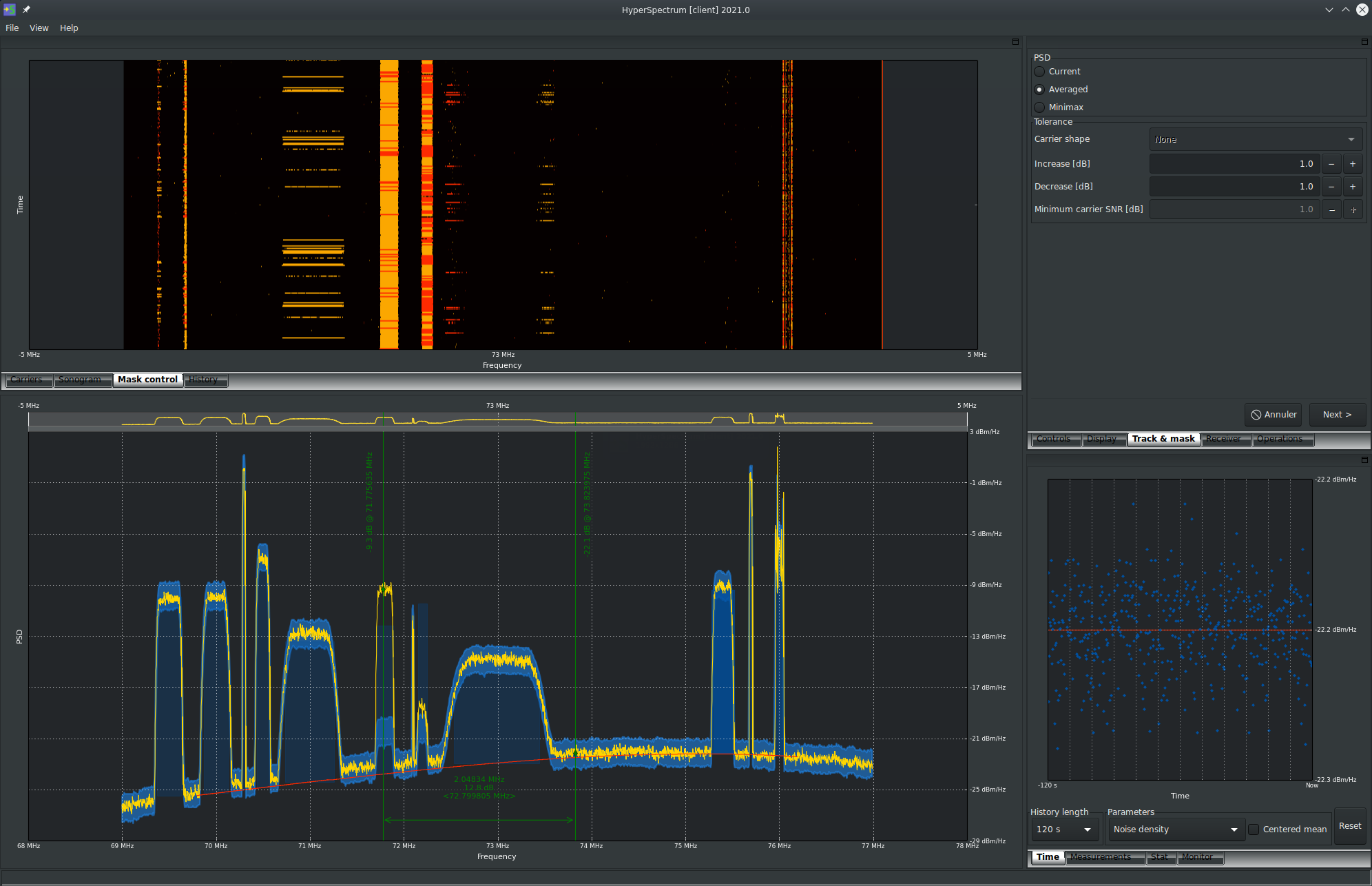 Mask mode - This figure illustrates how you can use the history of measurements to setup a mask (the blue ribbon around the current PSD). Once the mask is activated, any increase or decrease of the PSD is displayed in the Mask Control tab (here above the PSD, with 2 colors only).