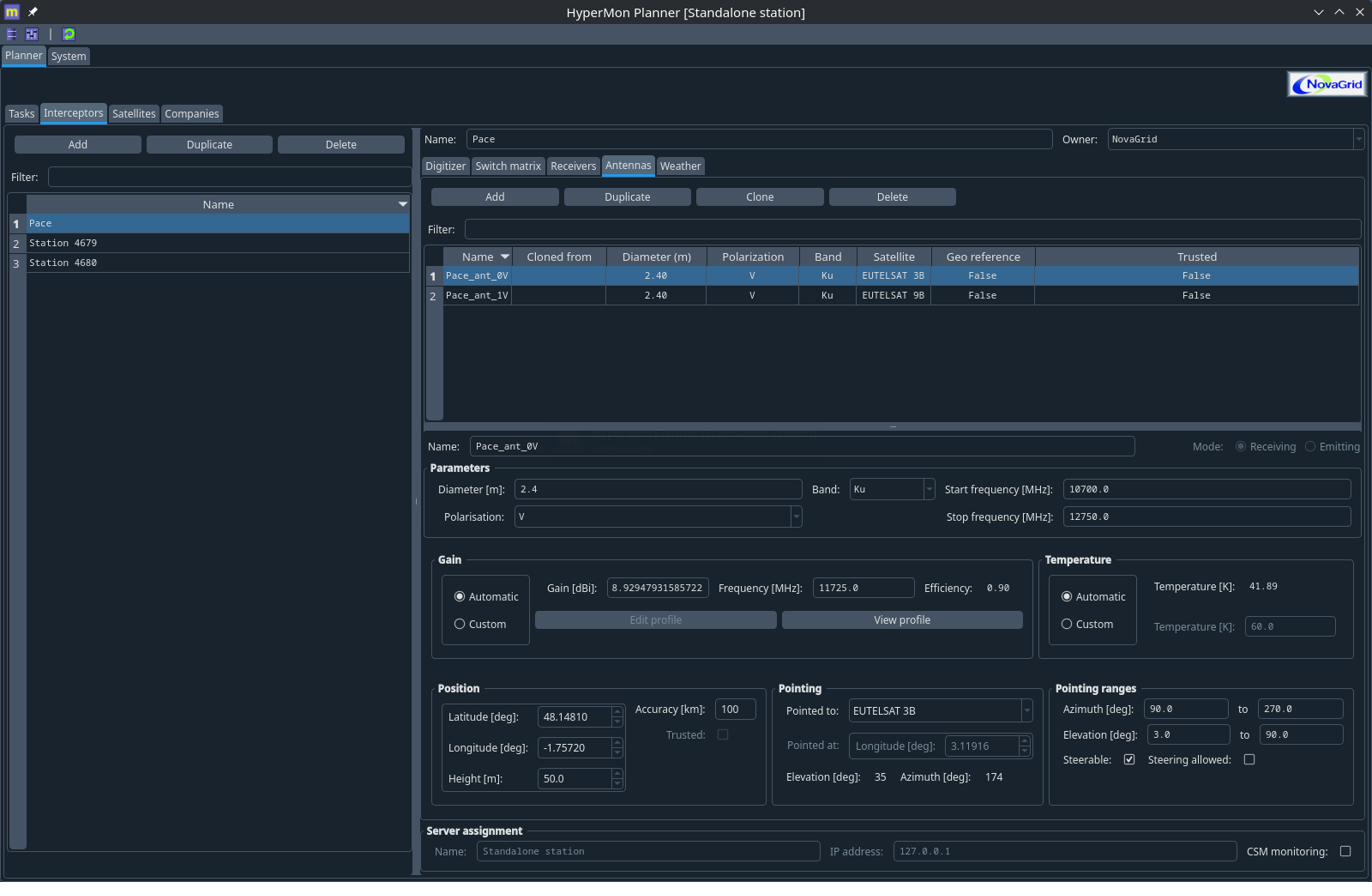 HyperMon Planner — configuration intercepteur & antennes