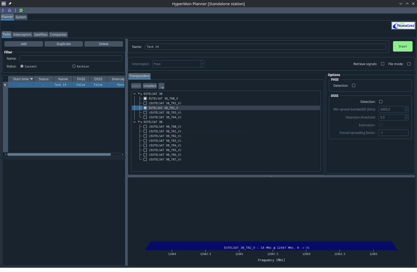 HyperMon Planner — tâche d'analyse sur les transpondeurs sélectionnés