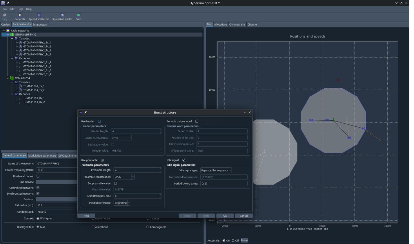 HyperSim — définition de réseau radio avec éditeur de structure de rafales