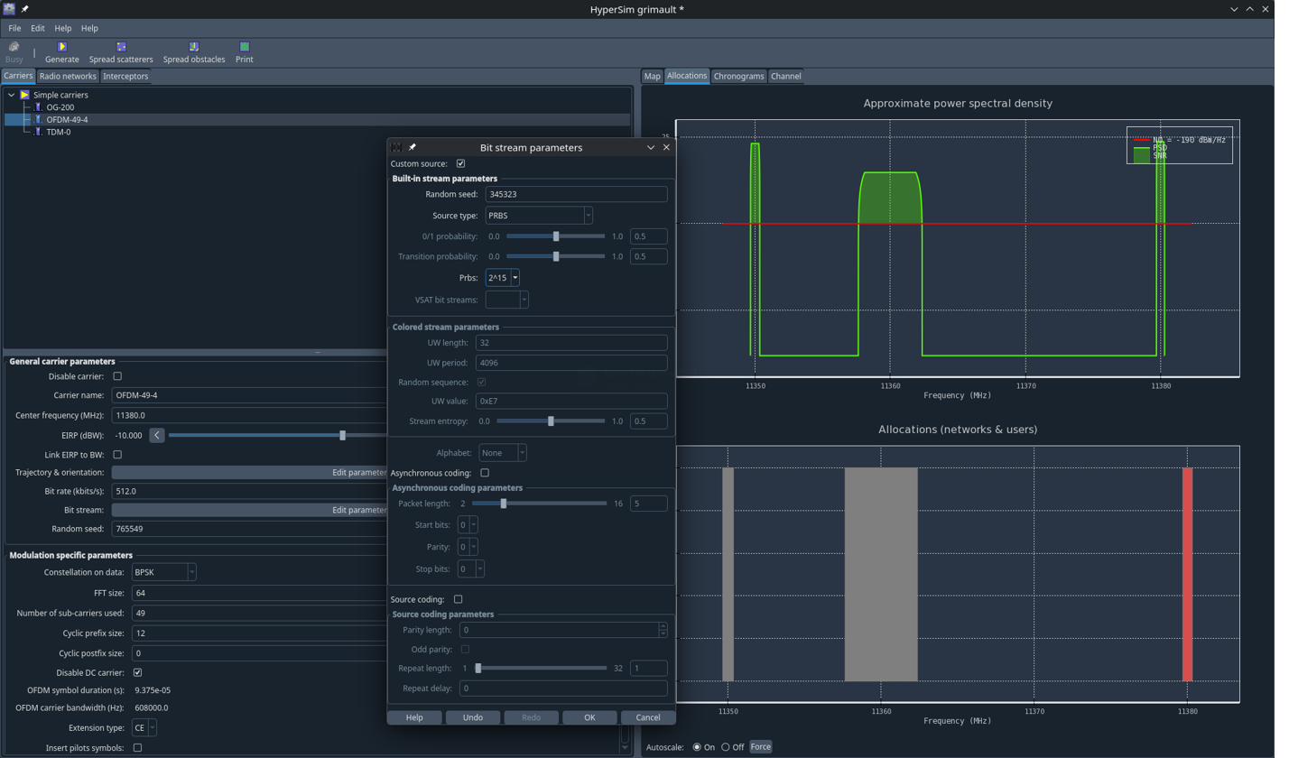 HyperSim — allocations de porteuses et paramètres de trains binaires