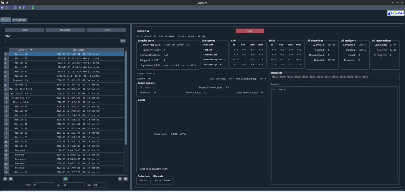 Vulture — contrôle de mission avec état échantillonneur, CPU et analyseurs